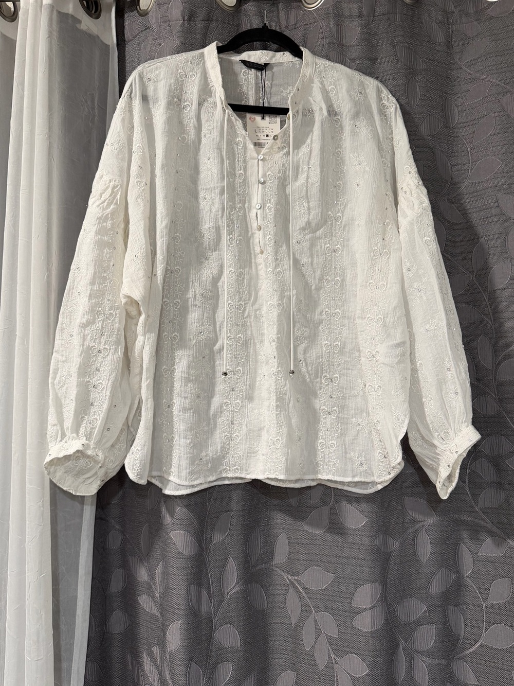 Zara White Embroidered Tie-Neck Blouse